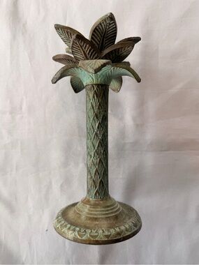 Vintage Verdigris Tropical Palm Tree Candle Holder Heavy